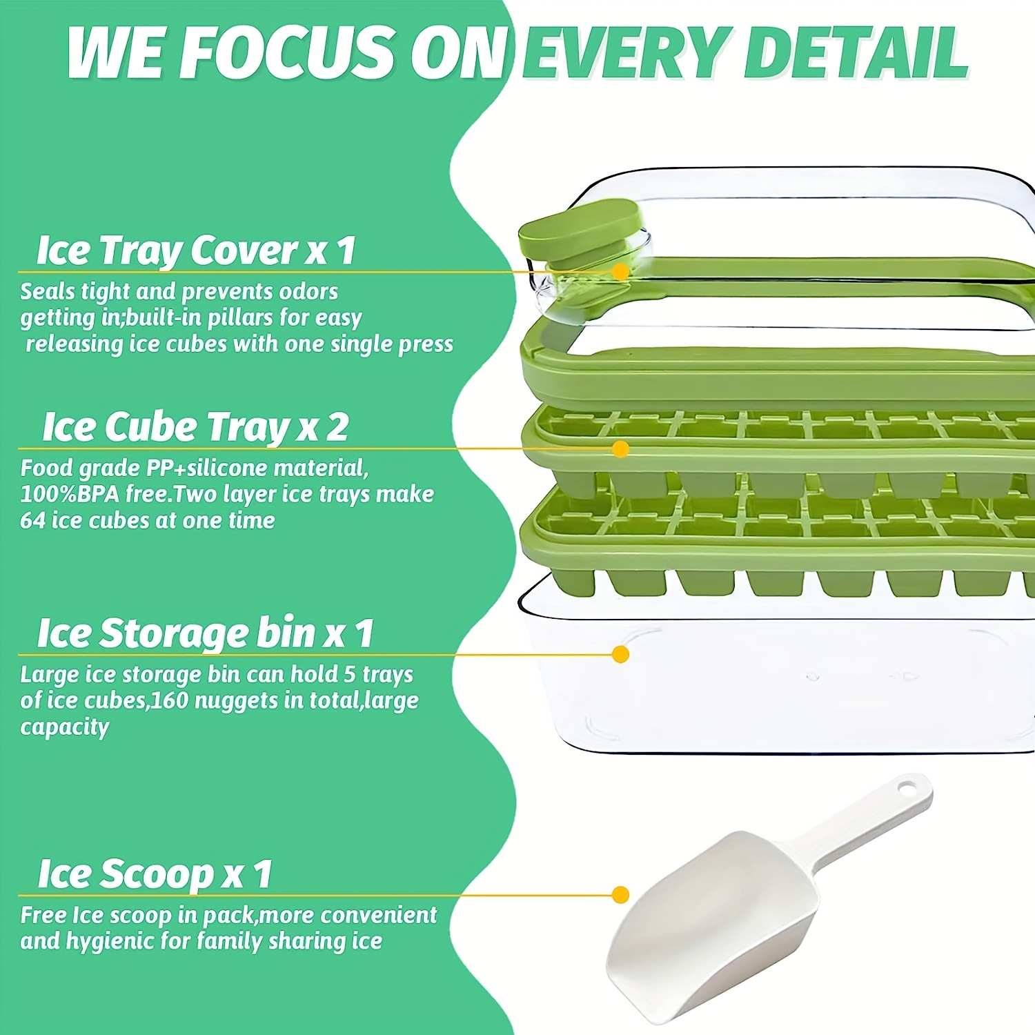 2 packs ice cube tray with lid and bin ice cube trays for freezer 64 cavity ice cube mold ice cube trays easy release silicone flexible trays with removable lid food grade ice tray for whiskey cocktail spirits drinks green