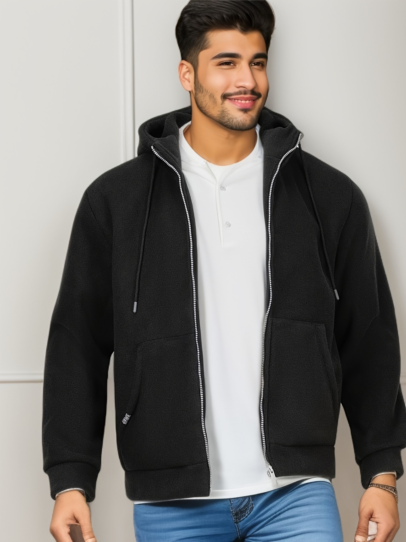 Men's Fleece Zip Hooded Jacket Casual Loose Warm Hoodie - Temu Canada