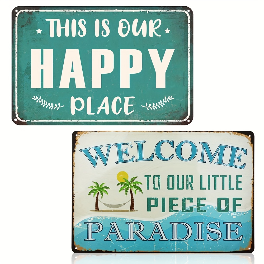 

1pc Welcome To Our Little Piece Of Paradise Welcome Sign For Front Door, Metal Signs Vintage For Home Swimming Pool River Beach Farmhouse Garden Outdoor Funny Wall Decor 8x12inch