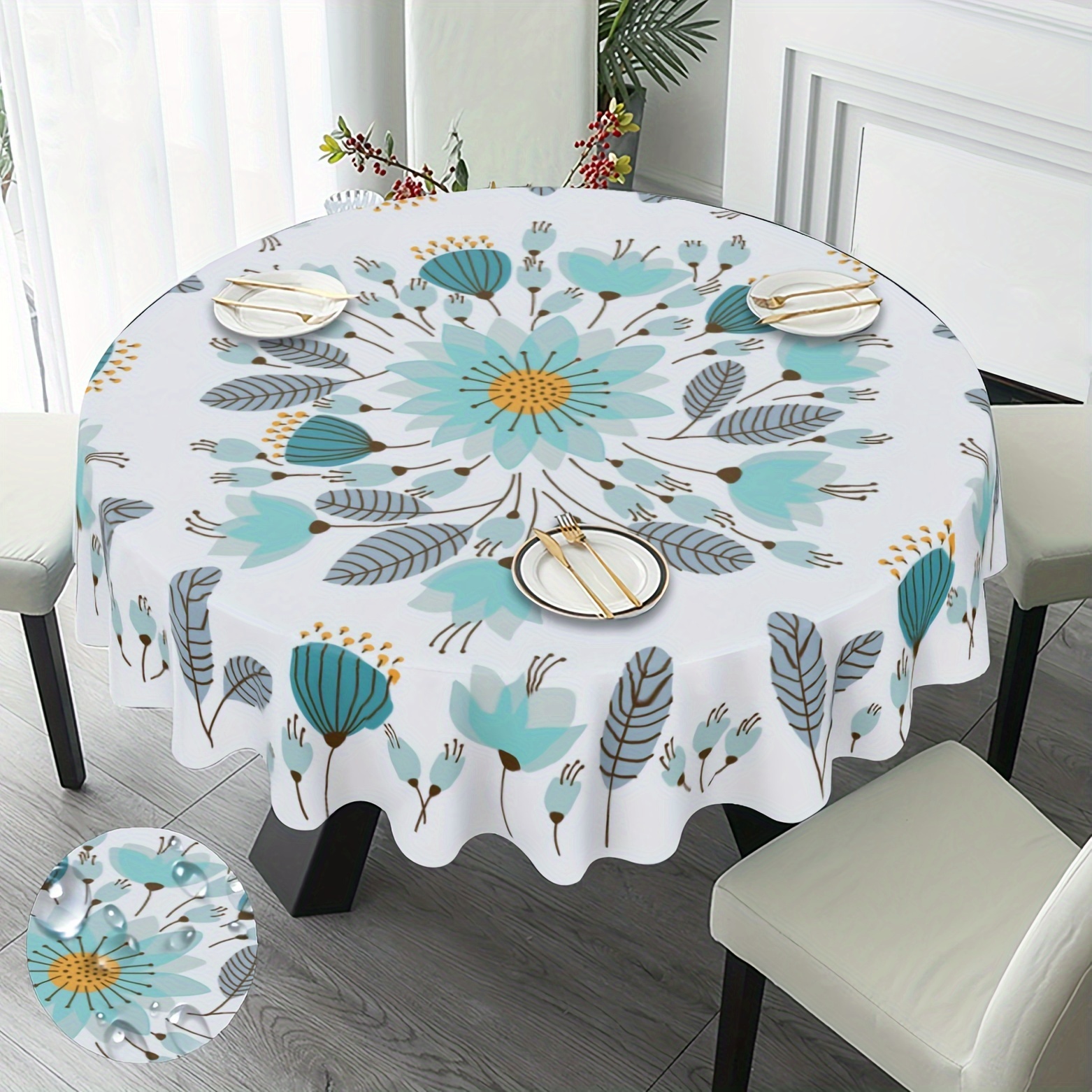 

1pc, Teal Tablecloth, Floral Round Table Cloth, Boho Style Flower Plant Printed Table Cover, Spring Theme Seasonal Tablecloth, Outdoor And Indoor Table Cover For Home, Dining Table Decor