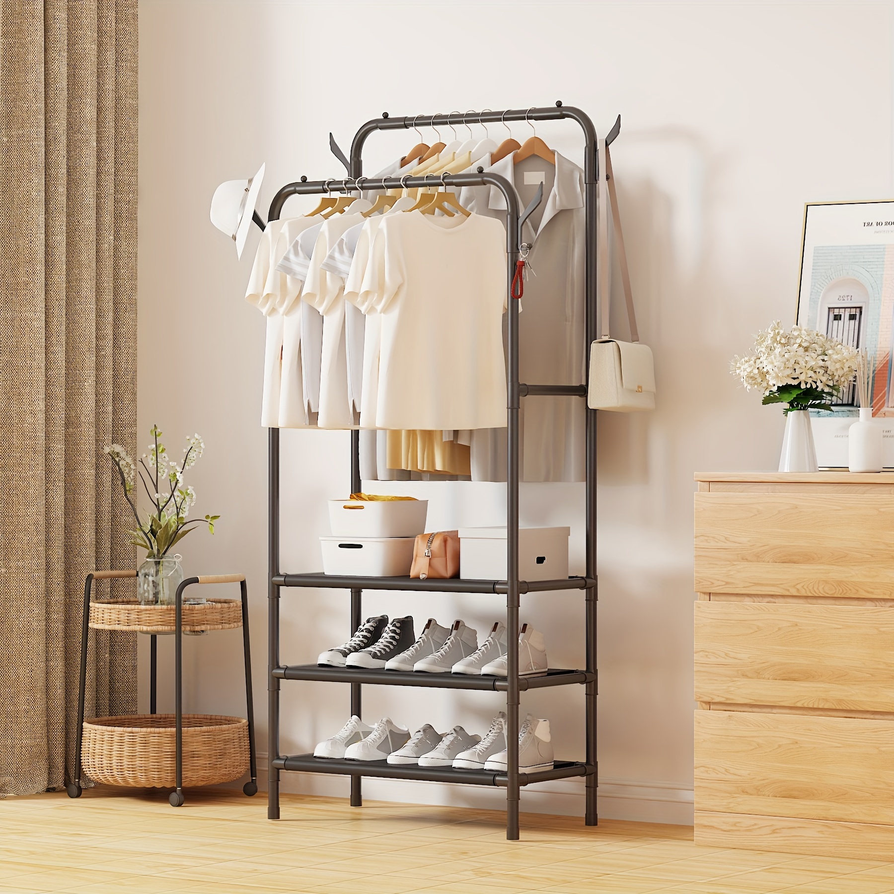 3-Tier Double Rods Clothing Rack, Freestanding Closet Organizer