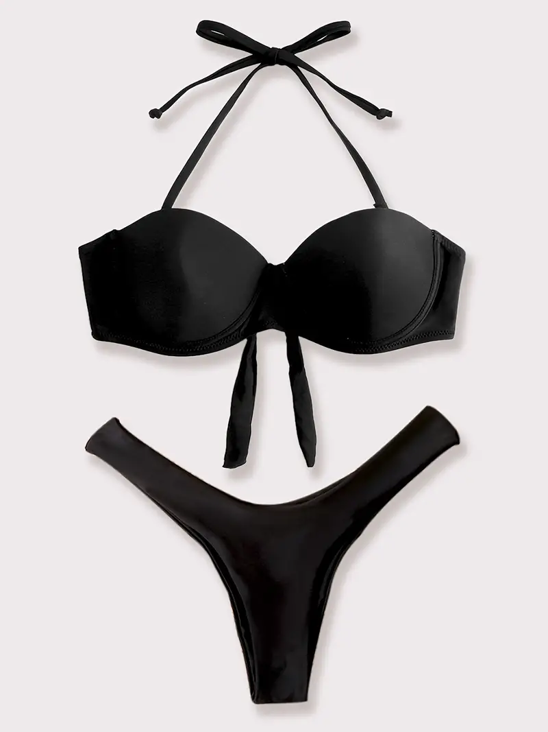 Tie-Back Halter Bandeau Bikini Top - Black