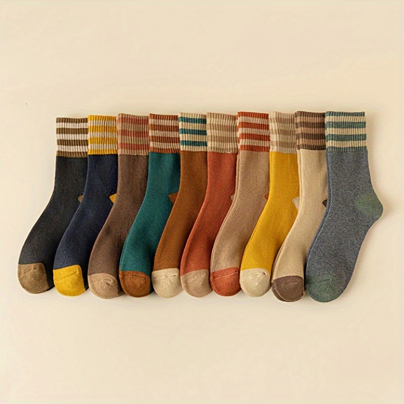 

10 Pairs Striped Colorblock Socks, Comfy & Warm Mid Tube Socks, Women's Stockings & Hosiery