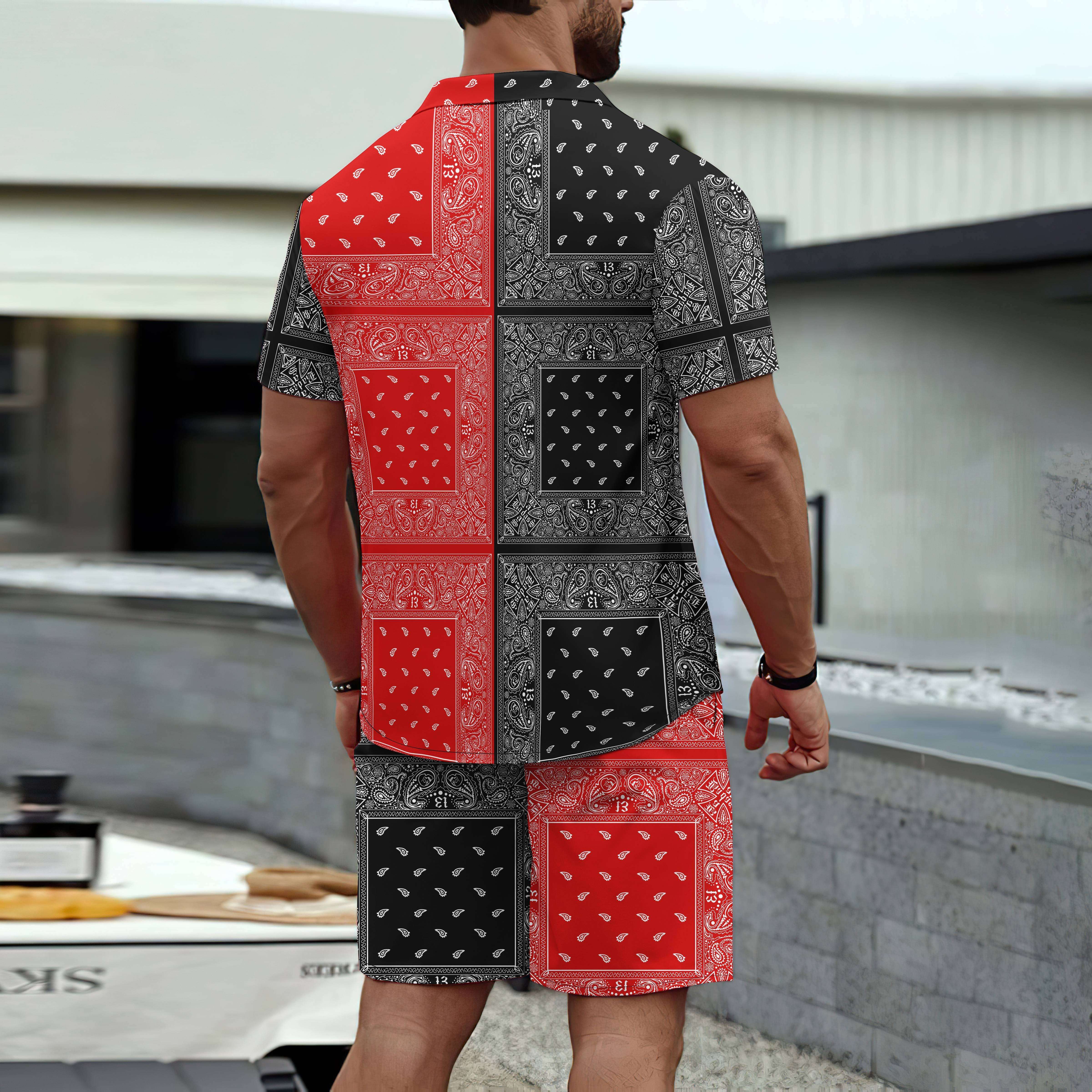 Bandana Print, Men's 2Pcs Outfits, Casual Crew Neck Short Sleeve T-shirt  And Drawstring Shorts Set For Summer, Men's Clothing