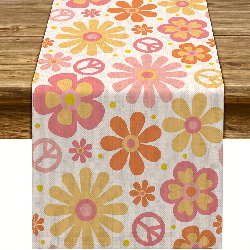 

1pc, Table Runner, Hippie Daisy Flower Peace Love Theme Table Runner, Birthday Party Small Fresh Style Table Decor, Kitchen Dining Table Decoration