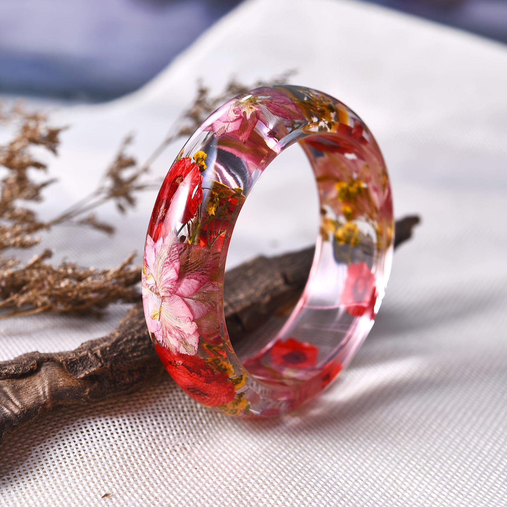 Red & Pink Dried Flower Inside Of Clear Resin Bracelet Bangle Best
