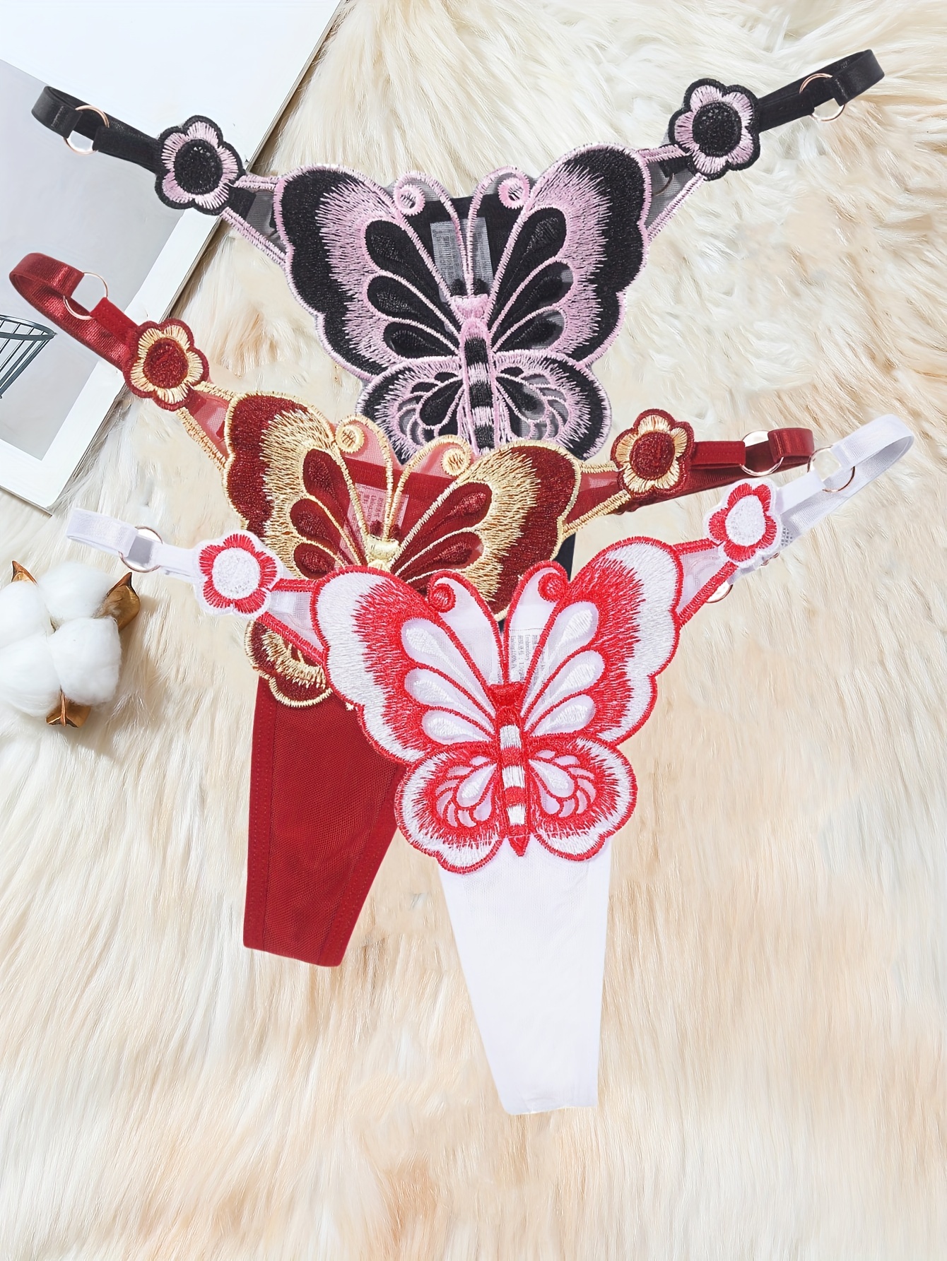Sexy Butterfly Embroidery Thongs Low Waist Ring Linked - Temu