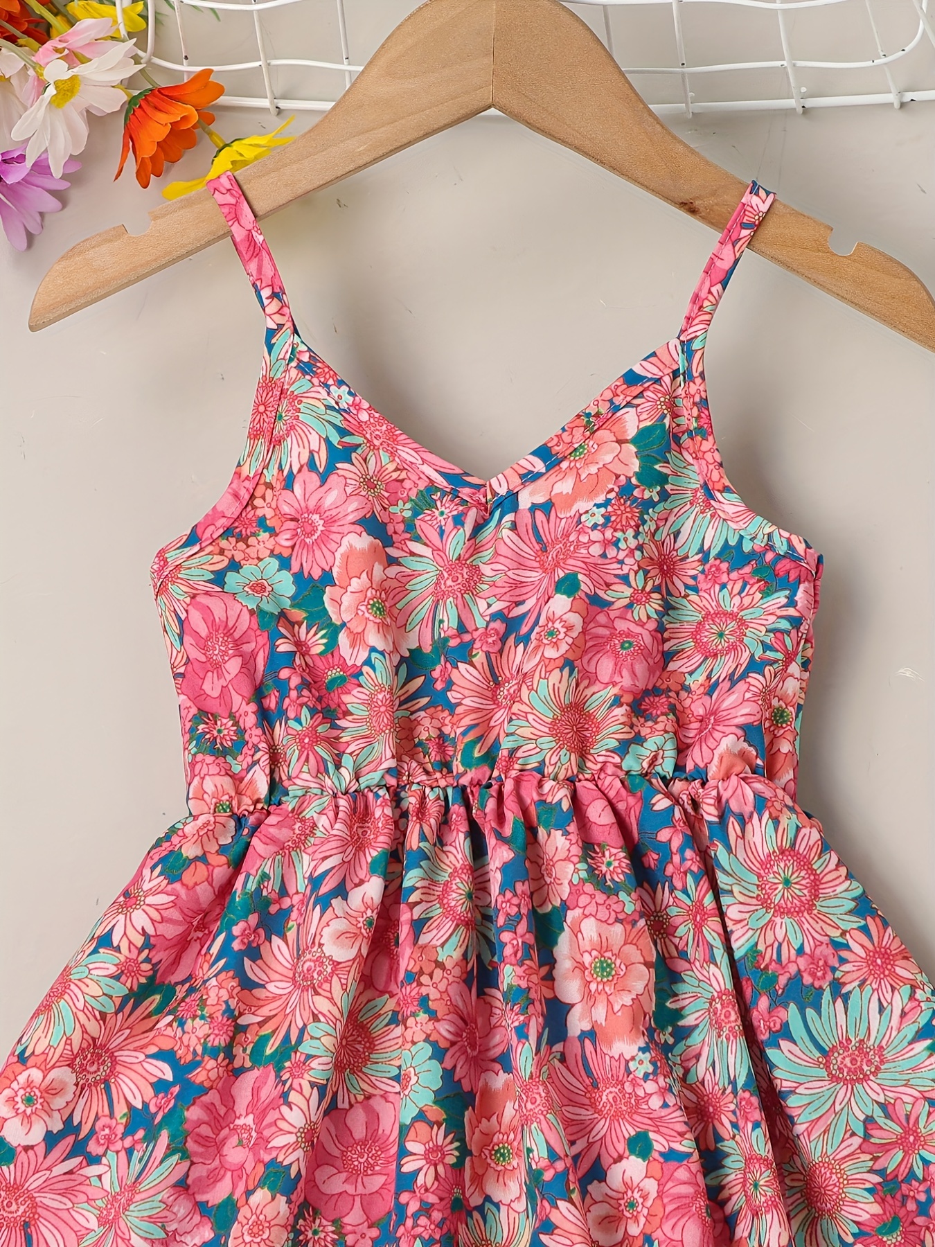 little girls cute sundress floral pattern party beach dress v neck elastic waist camisole dress for summer details 17