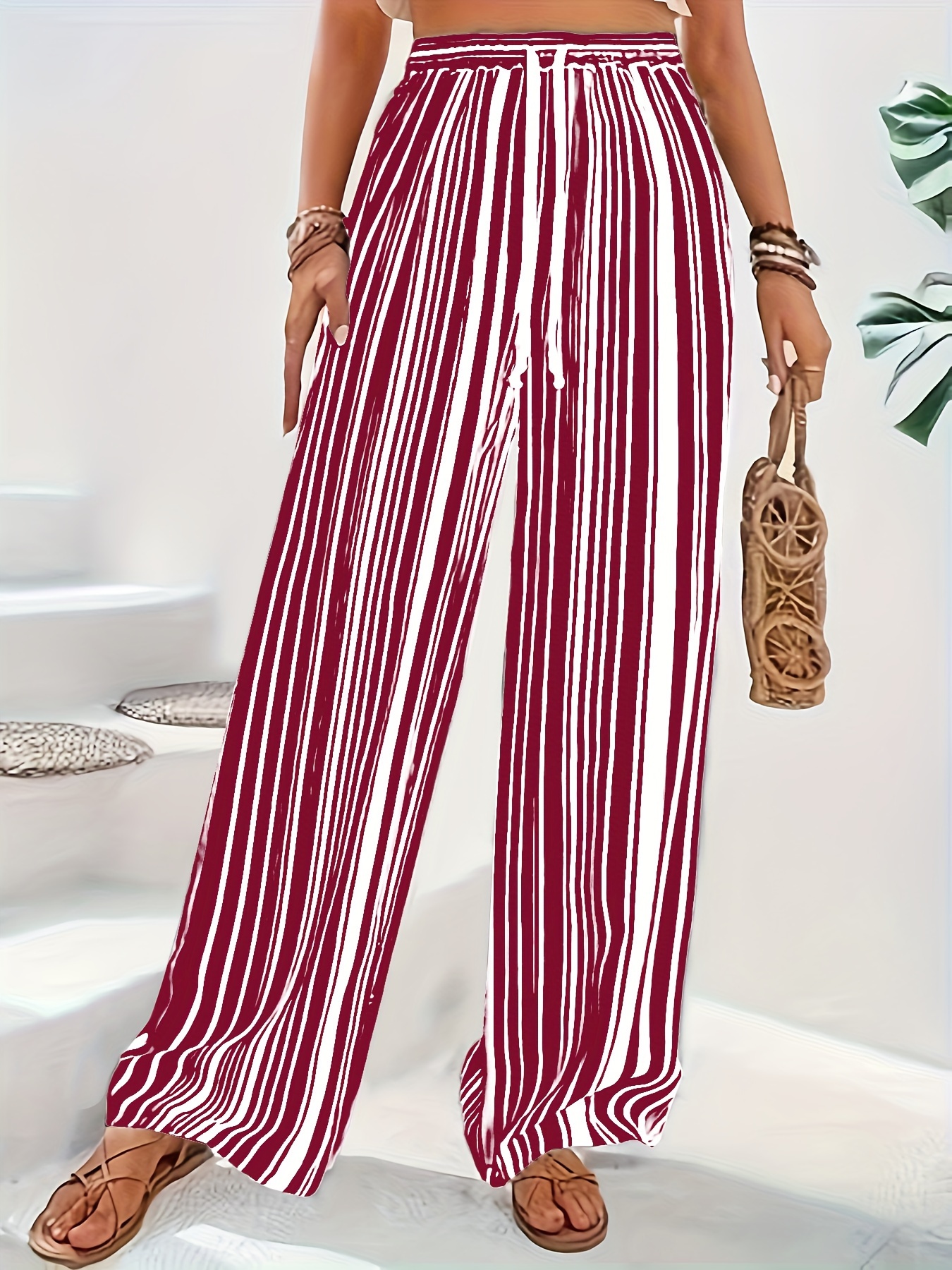 Plus Size Casual Pants Women's Plus Stripe Print Straight - Temu