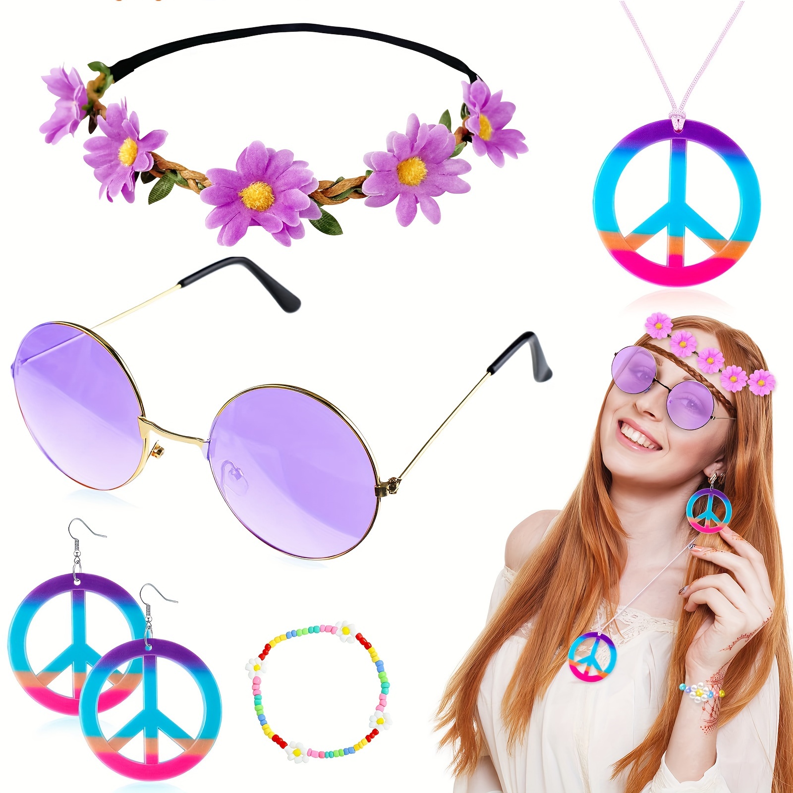 Ropa hippie para mujer, años 60 y 70, juego de accesorios, chaleco con  flecos, gafas de sol, diadema, pendientes, collar de discoteca para  carnaval
