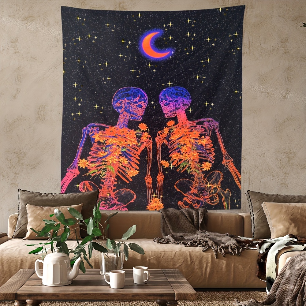 Skull Blacklight Tapestry Trippy Moon Stars Uv Reactive Neon Temu