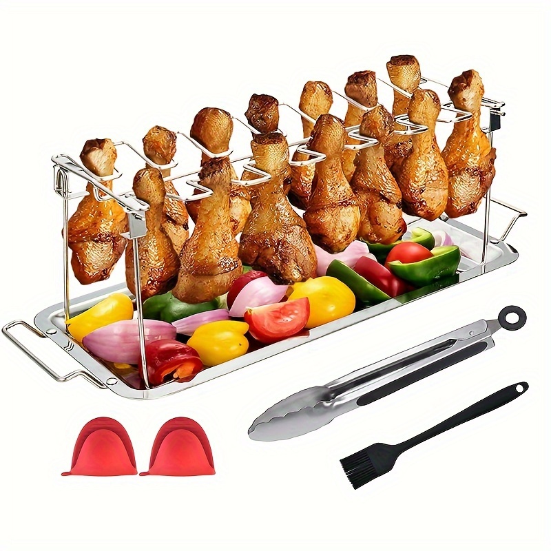 Chicken Leg Wing Rack 14 Slots Stainless Steel Metal Roaster Stand with Drip Tray for BBQ Smoker Grill or Oven, Dishwasher Safe