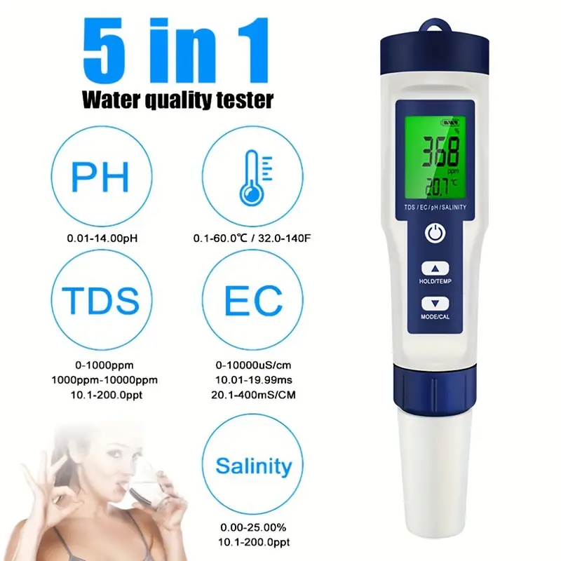 5 En 1 Testeur De Qualité De L'eau Numérique TDS/EC/PH/Salinité