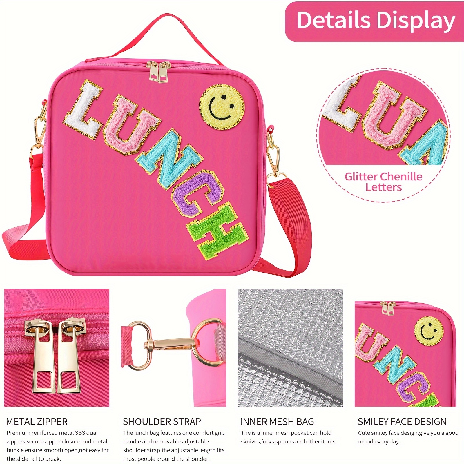 1pc Polyester Lunch Bag, Modern Letter Patch Decor Thickened Insulated Lunch  Bag For Daily Life