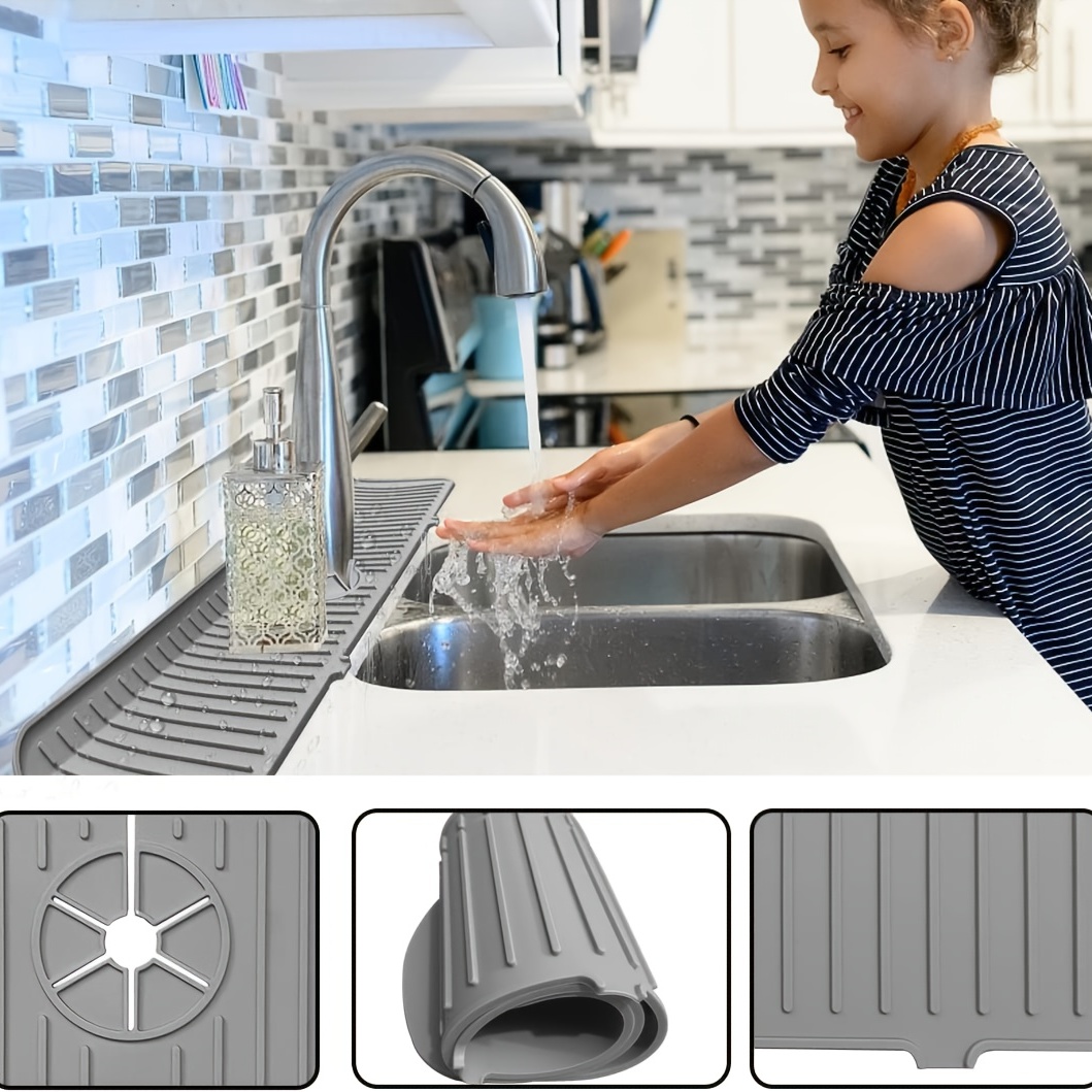 Kitchen Sink Splash Guard Mat - Silicone Sink Water Splash Catcher Pad  Behind Faucet for Kitchen, Bathroom, Sink Draining Dish Drying Mat  Countertop Splash Protector & Storage 