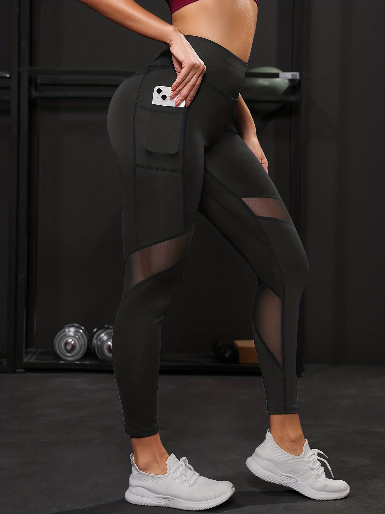 Women's Classic Black Spliced Mesh Sports Yoga Leggings Sexy - Temu