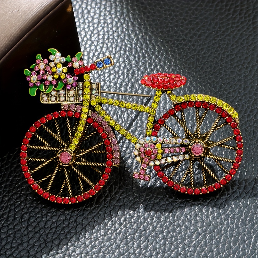 vintage bicycle brooch pin inlaid shiny rhinestone for women ladies daily clothing accessories red 7