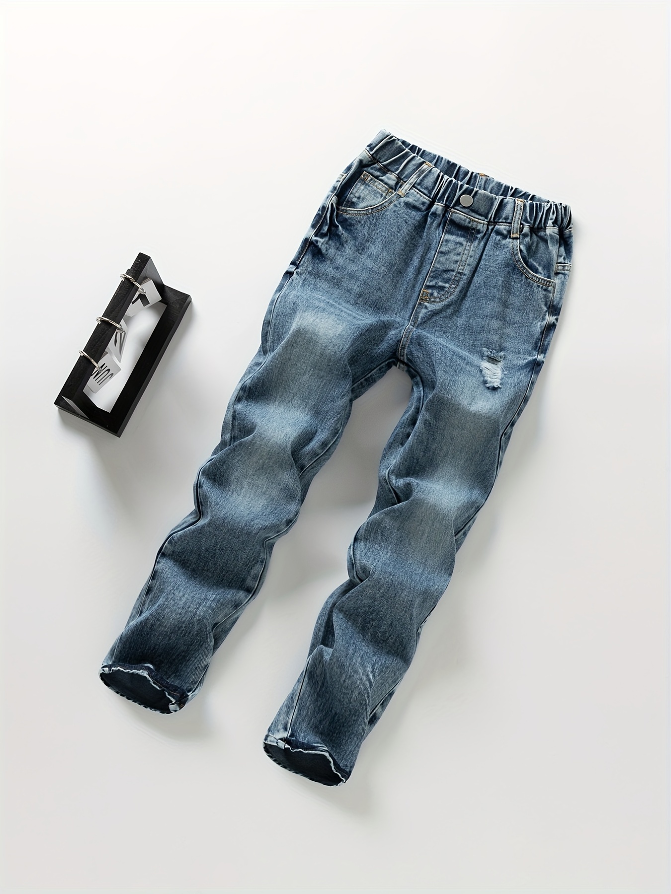 Men's Elastic Jeans Teenager Straight Leg Crop Denim Pants - Temu