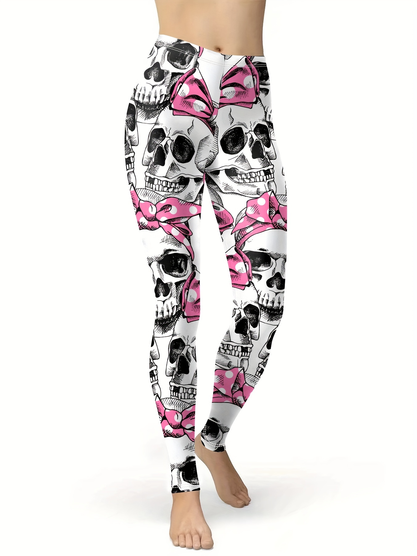 Skull Print Slim Leggings, Casual High Waist Hole Elastic Tight Fashion  Leggings, Women's Clothing