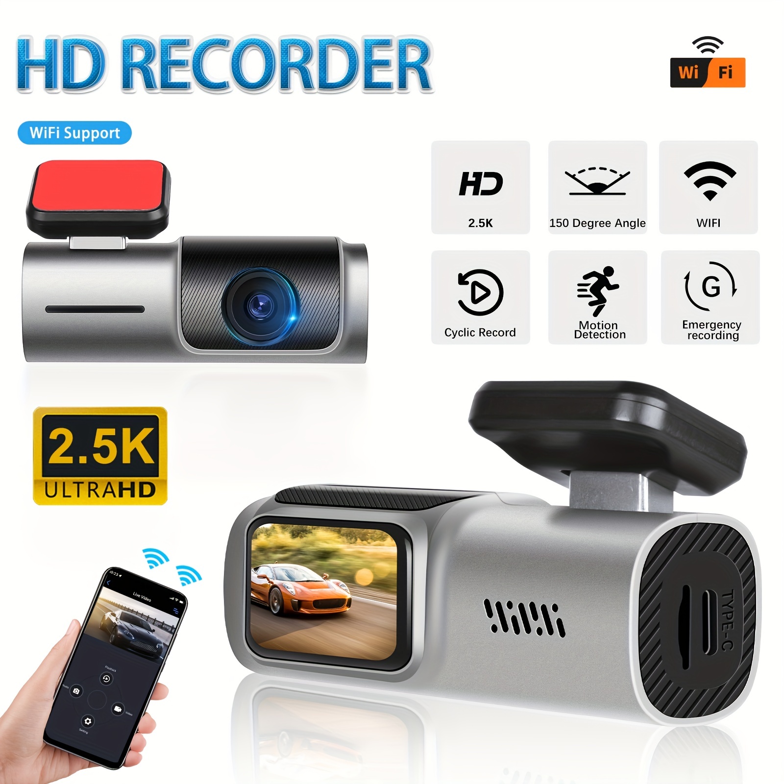 1,5-Zoll-HD-IPS-Bildschirm Dash Cam 2K WiFi Front Car Camera Dash Camera,  Auto-Fahrrekorder Mit App, Gravity Sensor