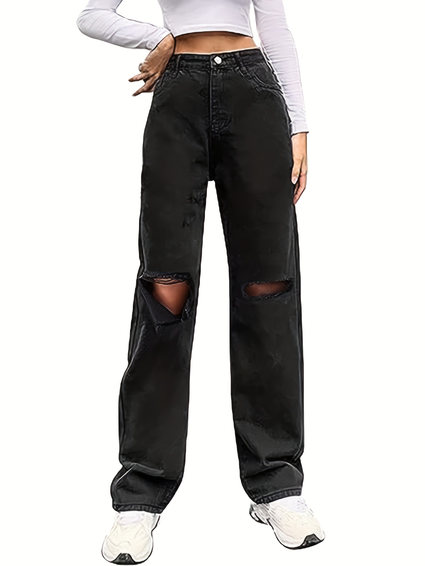 Black Ripped High Waist Straight Jeans High Distressed - Temu