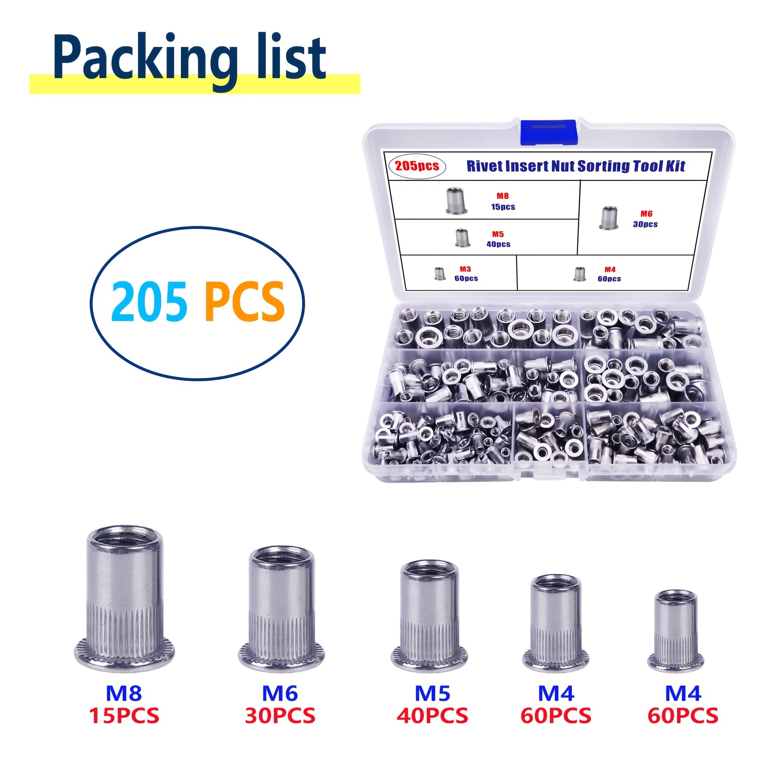 

205pcs Rivet Nut Sorting Tool Kit, Aluminum Knurled Body Flat Head Threaded Insert Nuts, Suitable For Sheet Metal Assembly, Furniture Repair, Automotive Industry, Home Decoration