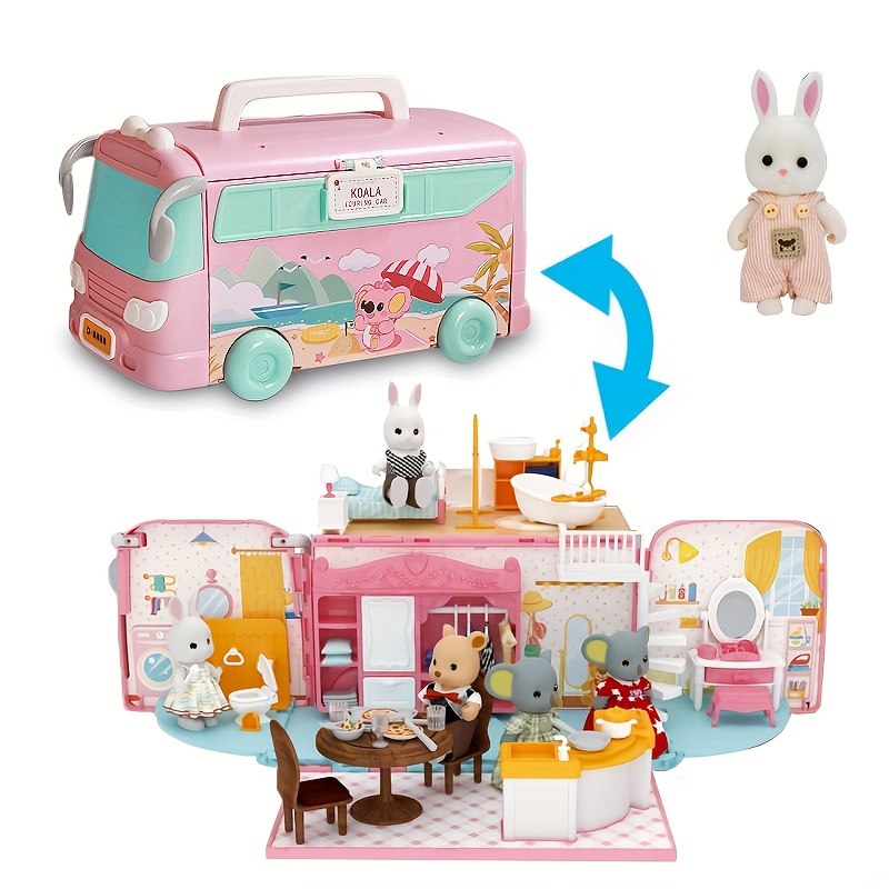 

Portable Camper Van Rv Toy Set Role-playing Scene Toy Small Animal Rabbit Doll Mini Cabin Family Toy Easter Gift