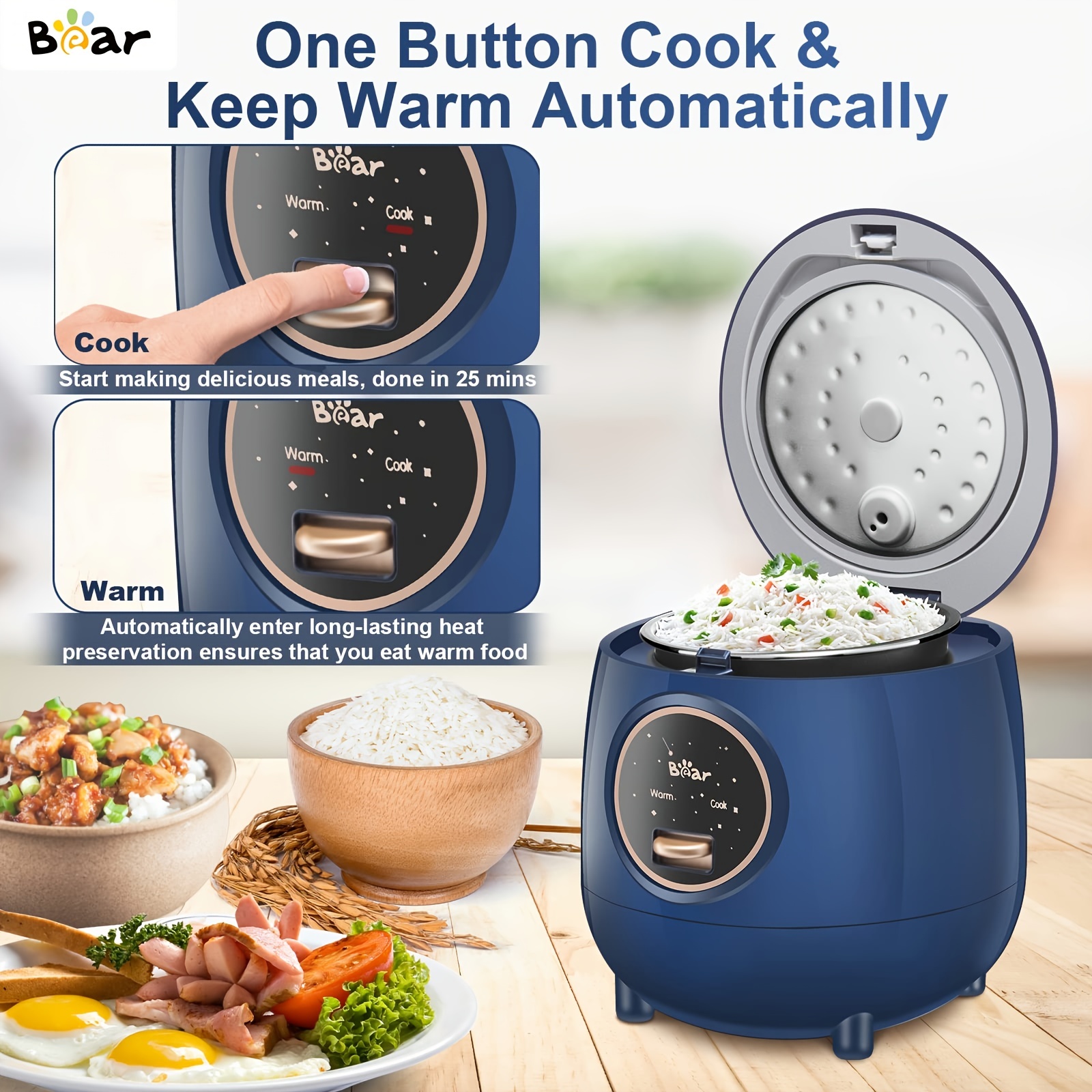 Mini Rice Cooker Portable Design,Blue,Rice Cooker Small for Long-Distance  Travel,cute rice cooker Multi-function,Rice Cooker Stainless Steel Inner