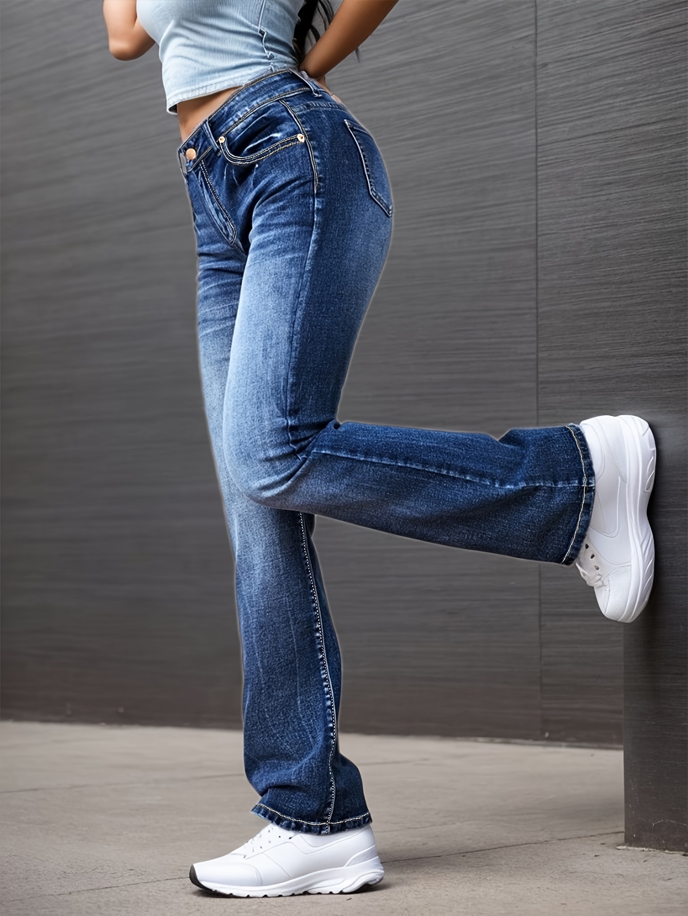 blue water ripple embossed flare jeans, high waist high stretch washed denim trousers, women's denim jeans & clothing deep blue 2