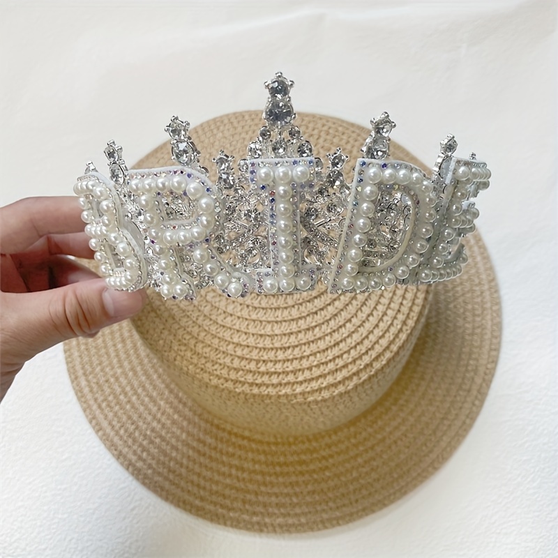 1pc, Bride To Be White Pearl Rhinestone Crown, Wedding Decoration Headband, Wedding Honeymoon Headwear, Bride Shower Bachelorette Party Decor, Bride Gift
