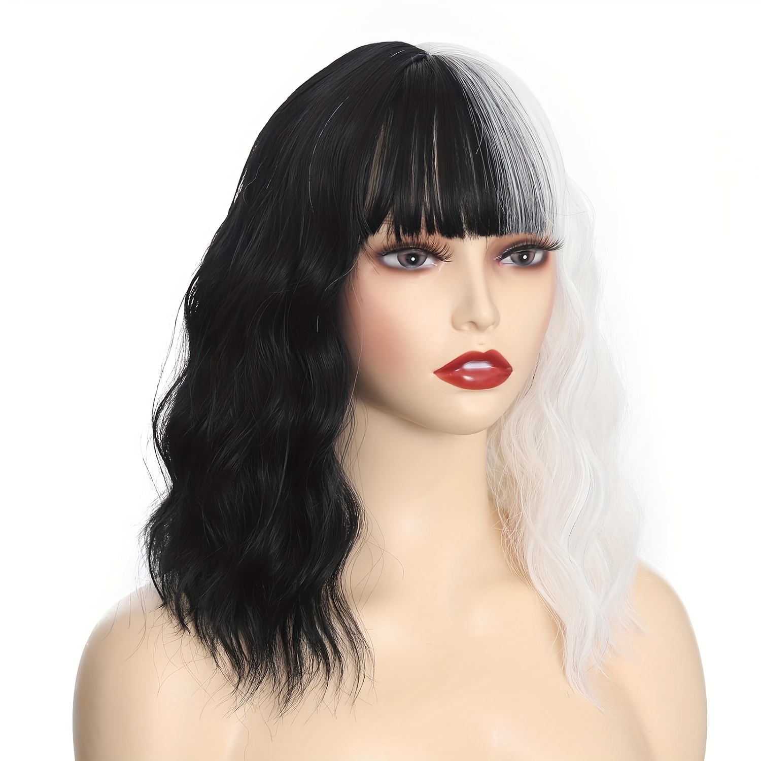 Half White Half Black Wig Short Bob Straight Wavy Wig Women Temu