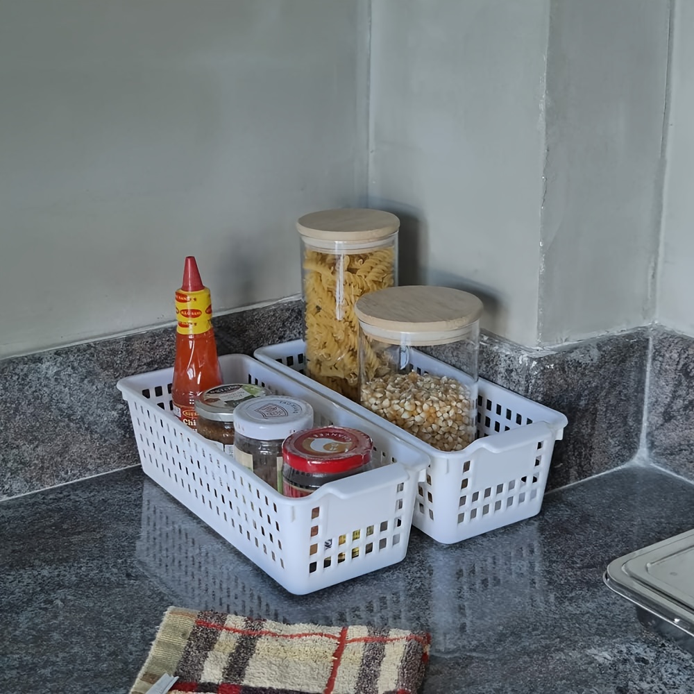 Plastic Storage Basket,Rattan Woven Pantry Organizer Small Storage Bins for  Laundry Room,Bathrooms,Bedrooms,Kitchens,Cabinets,Countertop,Under Sink or  On Shelves,4PCS 