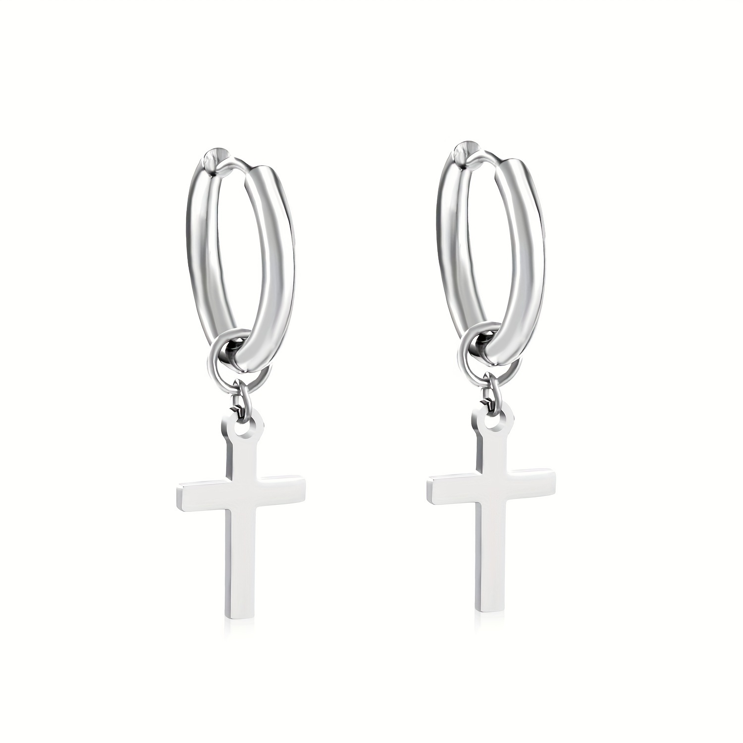 Golden Glossy Cross Decor Hoop Earrings, 18K Plated