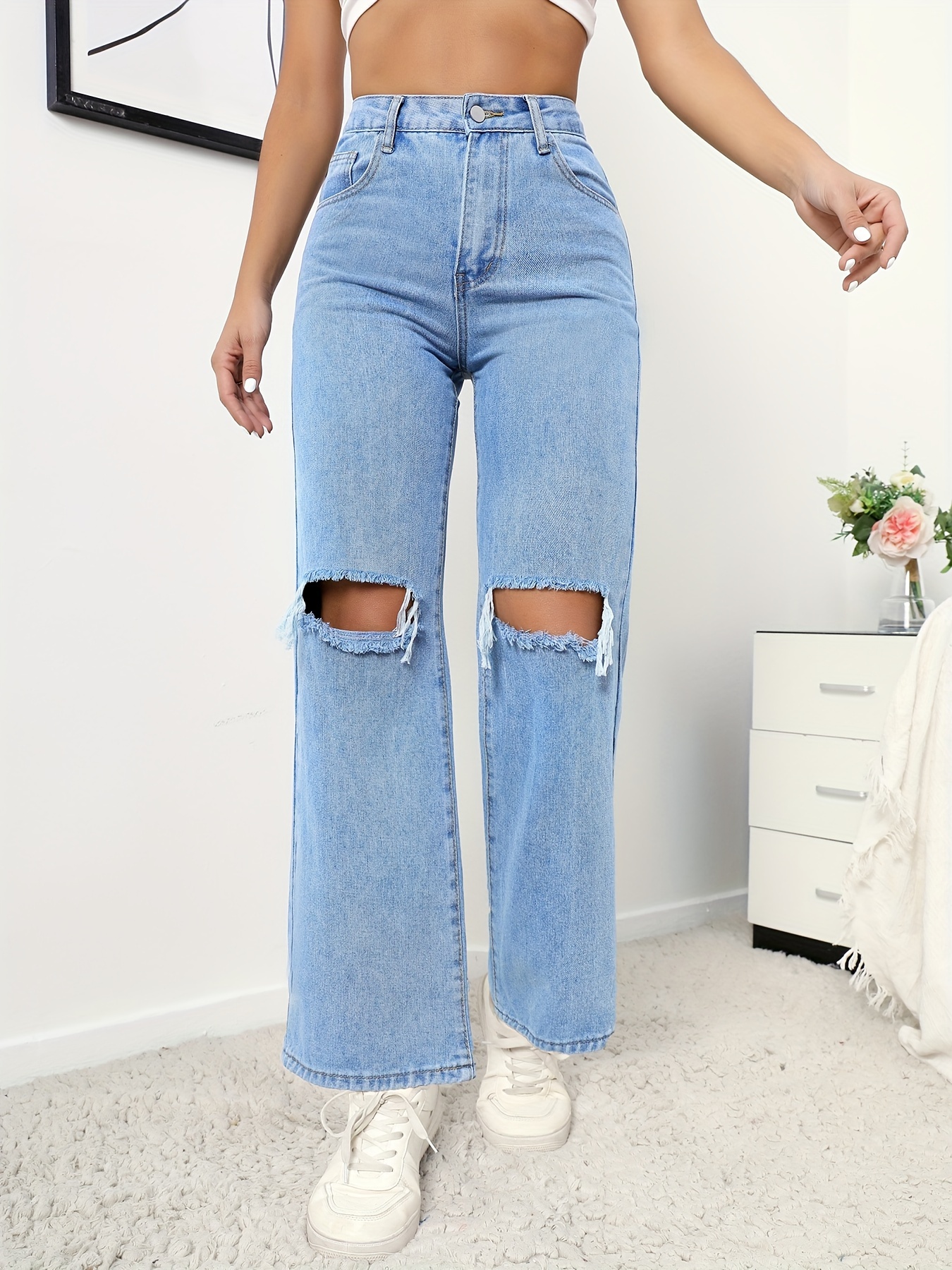 High Waist Straight Jeans Slash Pockets High Wide Leg - Temu