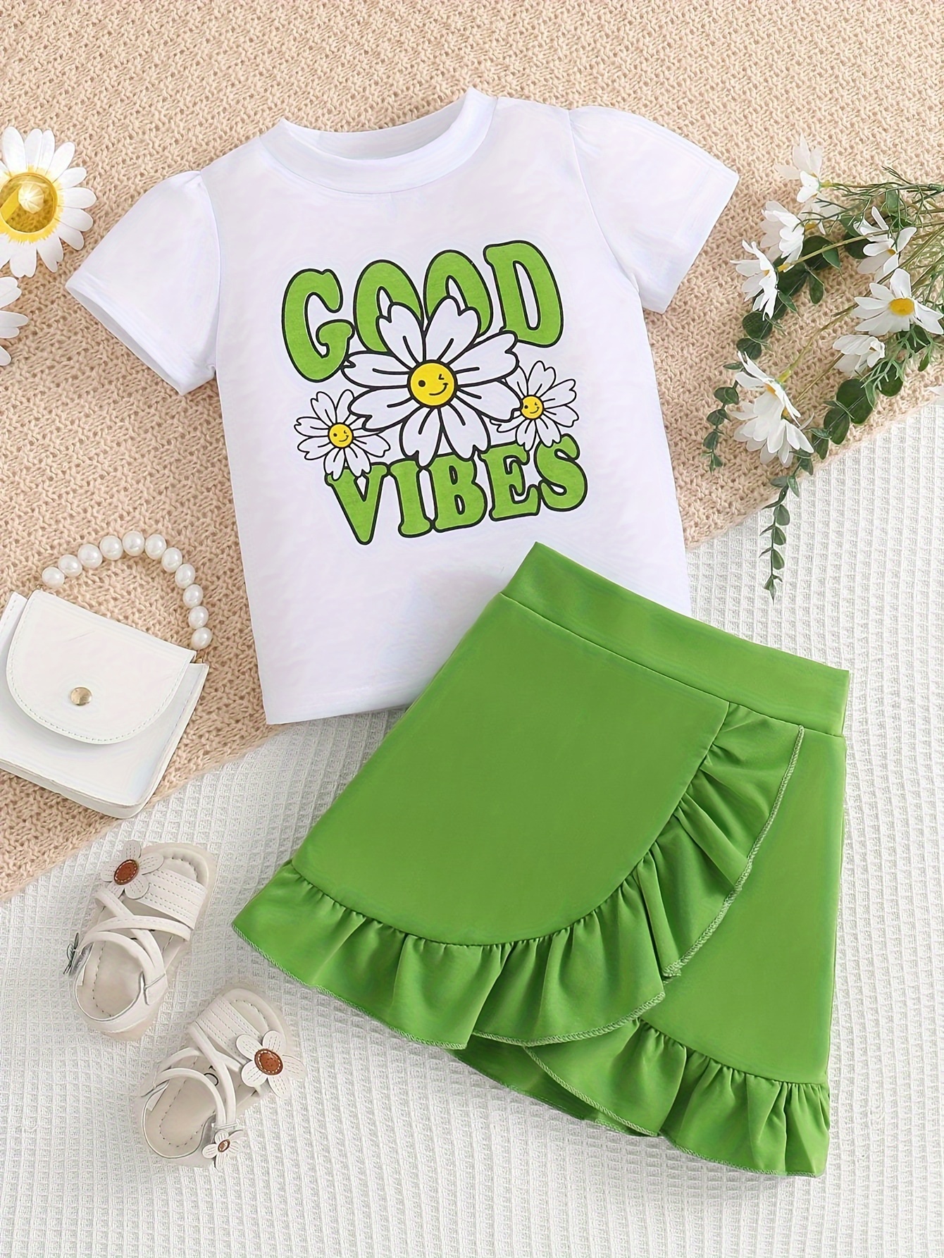 Camiseta estampada con volantes en verde de niña