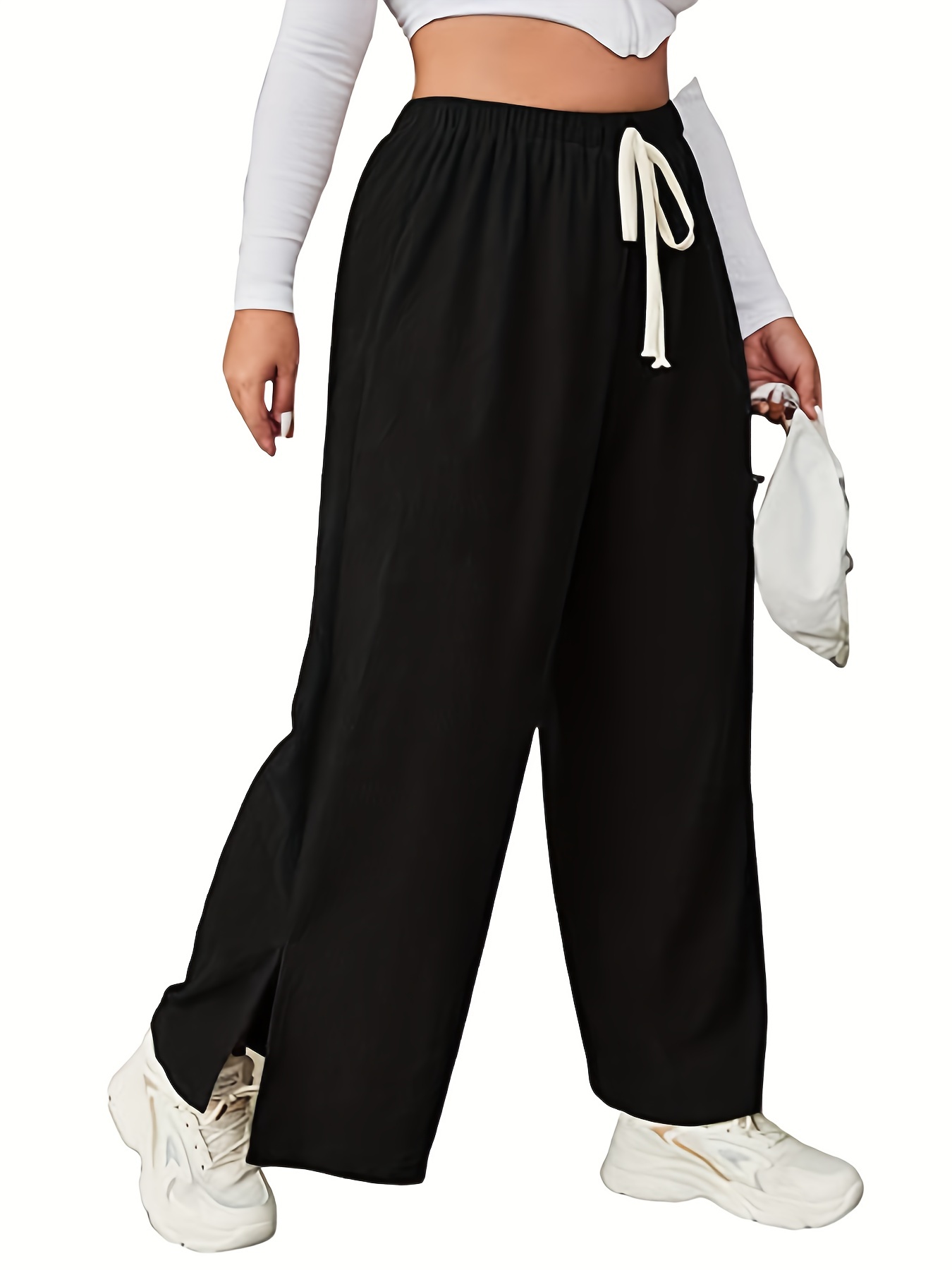 Plus Size Casual Pants Women's Plus Solid Split Hem Elastic - Temu Austria