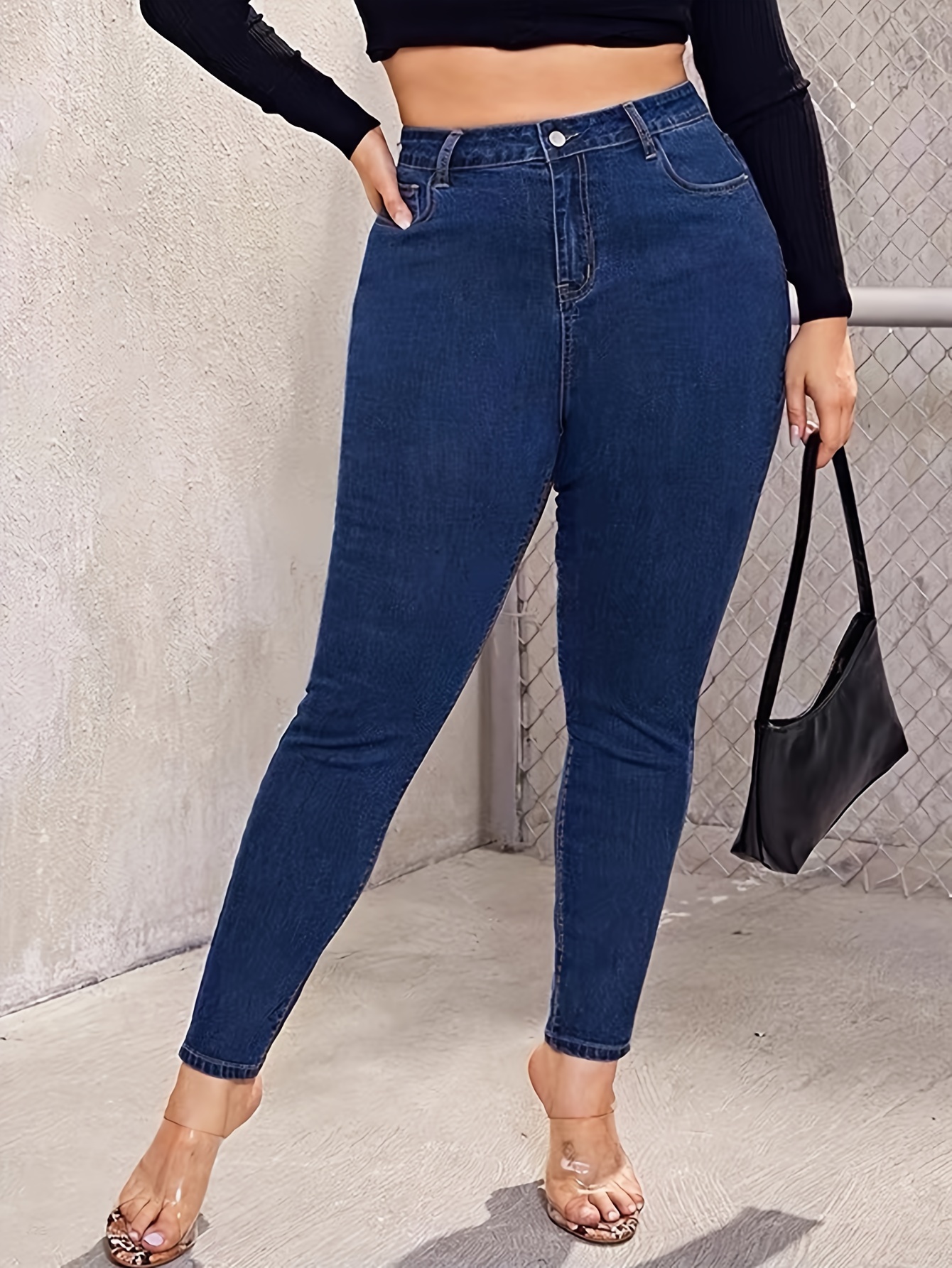 Plus Size Trendy Jeans Calças Jeans Skinny De Cintura Alta - Temu