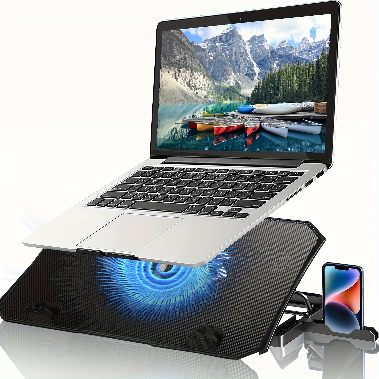 Soporte para laptop con ventilador de refrigeración y alfombrilla para  mouse, escritorio de regazo ajustable para portátil con luz, mesa plegable  para