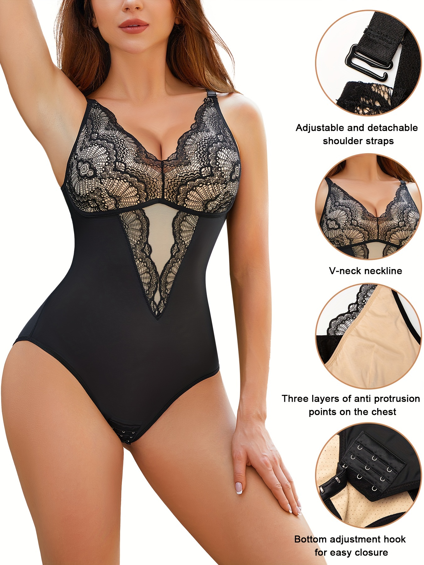 Contrast Lace Shaping Bodysuit Tummy Control Butt Lifting - Temu Canada