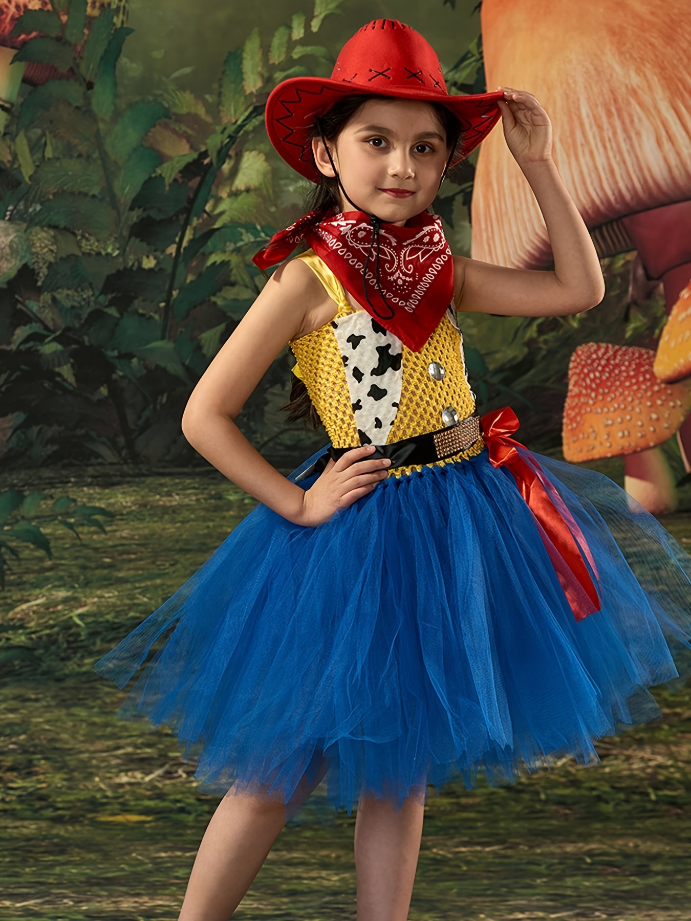 Lindo Cartoon niña en sombrero azul y vestido de celebración de