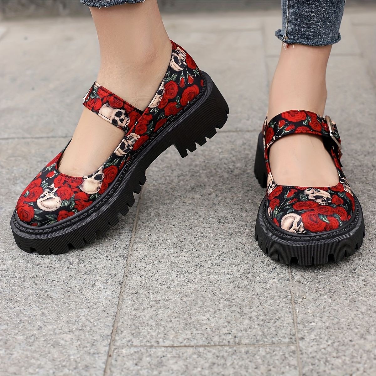 Women's Skull & Rose Pattern Chunky Heels, Stylish Ankle Buckle