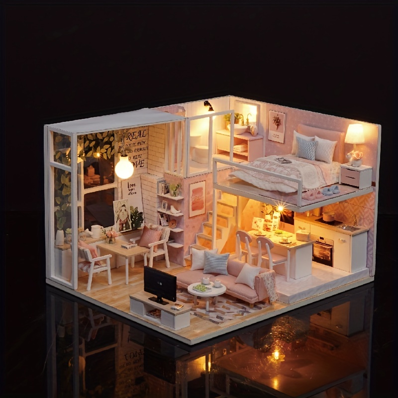 1pc.Miniature Loft Dollhouse Kit Lifelike Mini 3D Wooden House Room  Handmade Toy With Furniture LED Lights Valentine's Day Christmas Birthday  Gift