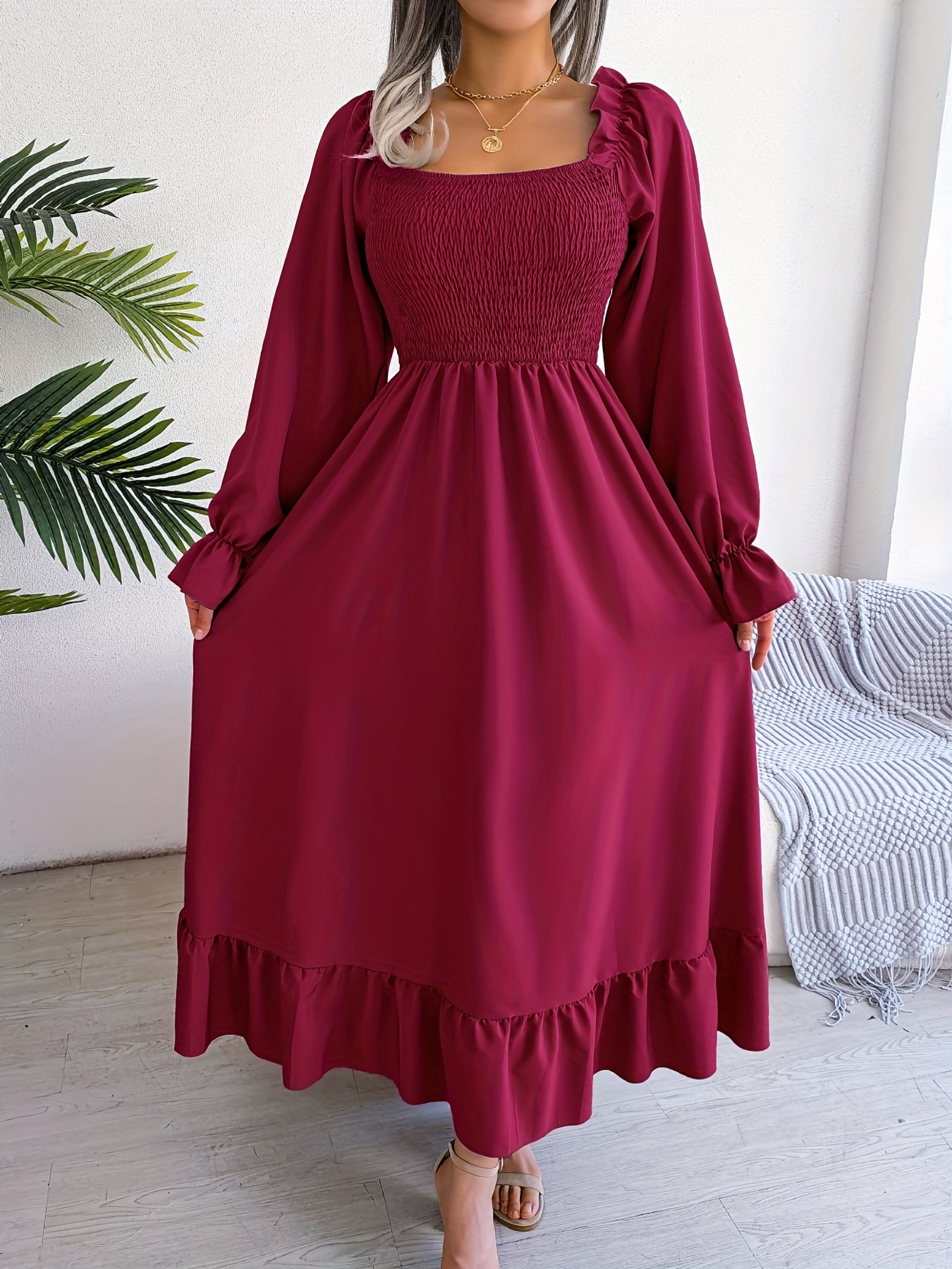 Solid Squared Neck Long Lantern Sleeve Maxi Dress Casual Temu