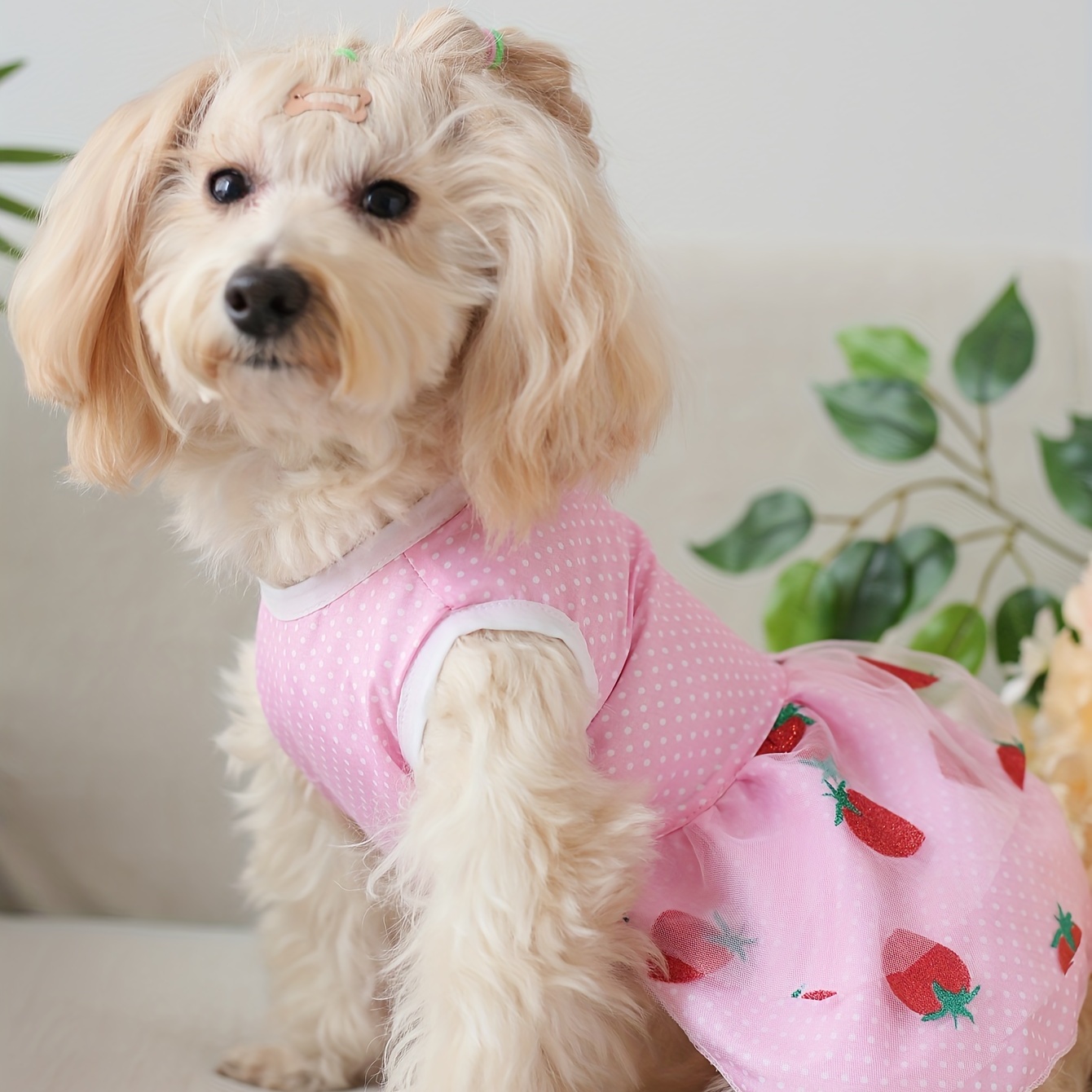 adorable pink polka dot strawberry print pet dress with lace
