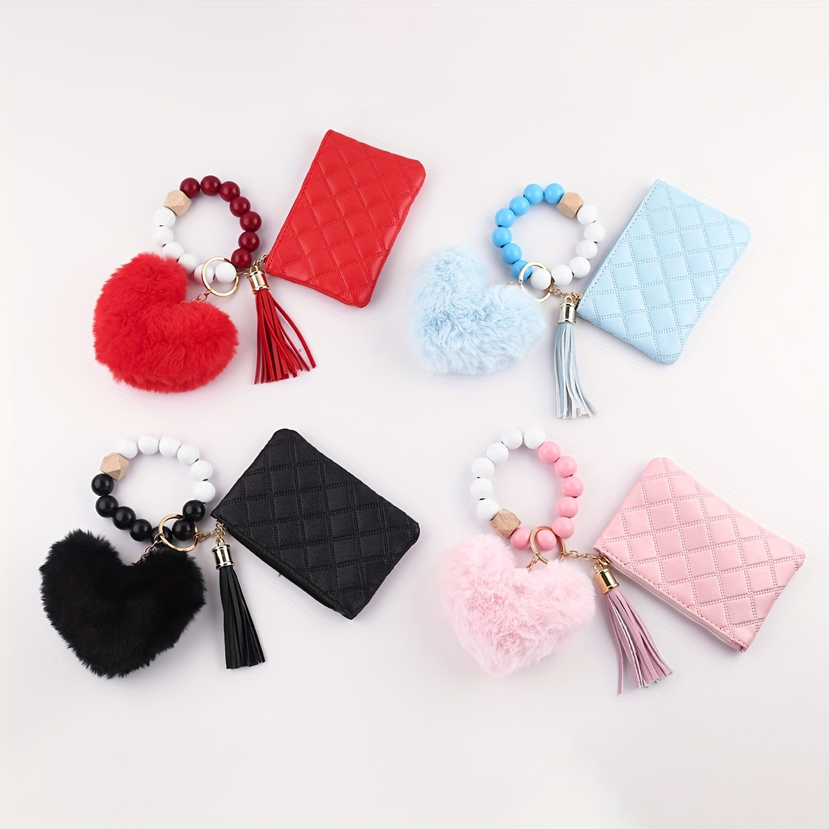 

Cute Pom Pom Beaded Bracelet Wristlet Keychain With Wallet Card Holder Bag Charm Phone Lanyard Earbud Case Cover Accessories Women Female Gift