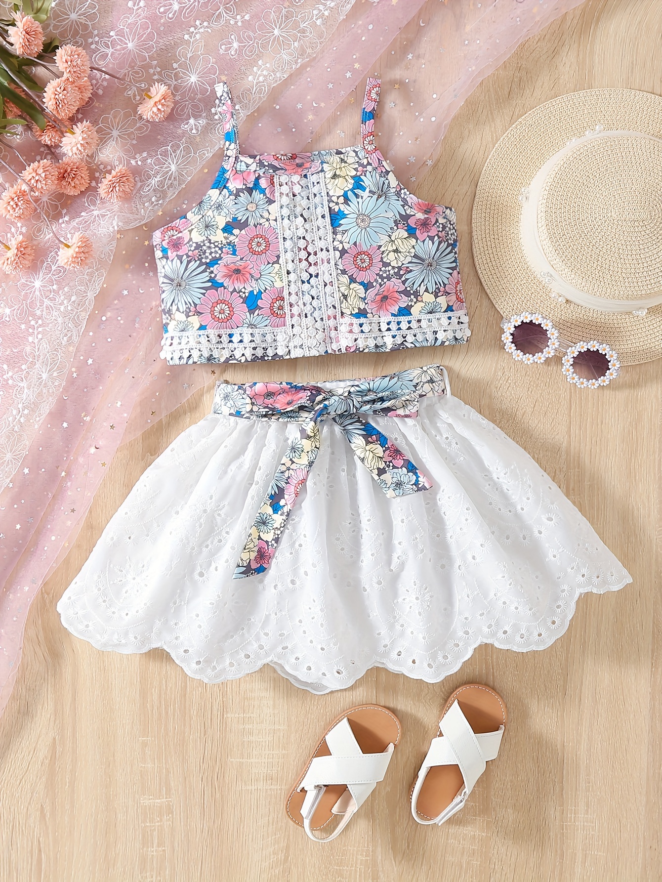 XMMSWDLA Toddler Girl Clothes Baby Girls Fashion Cute Flowers Print Lcae  Hollow Out Skirt Suspenders Top Suit