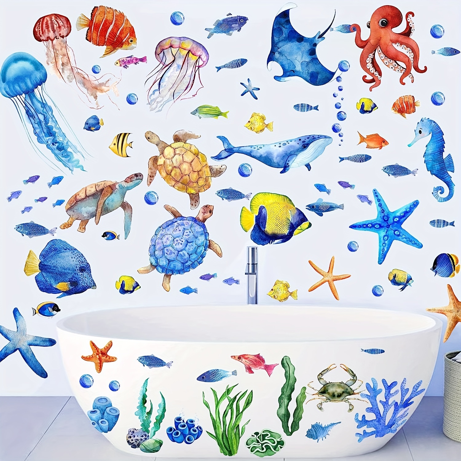 Ocean Wall Decals Sea Bathroom Decor Sea Life Animals - Temu Canada