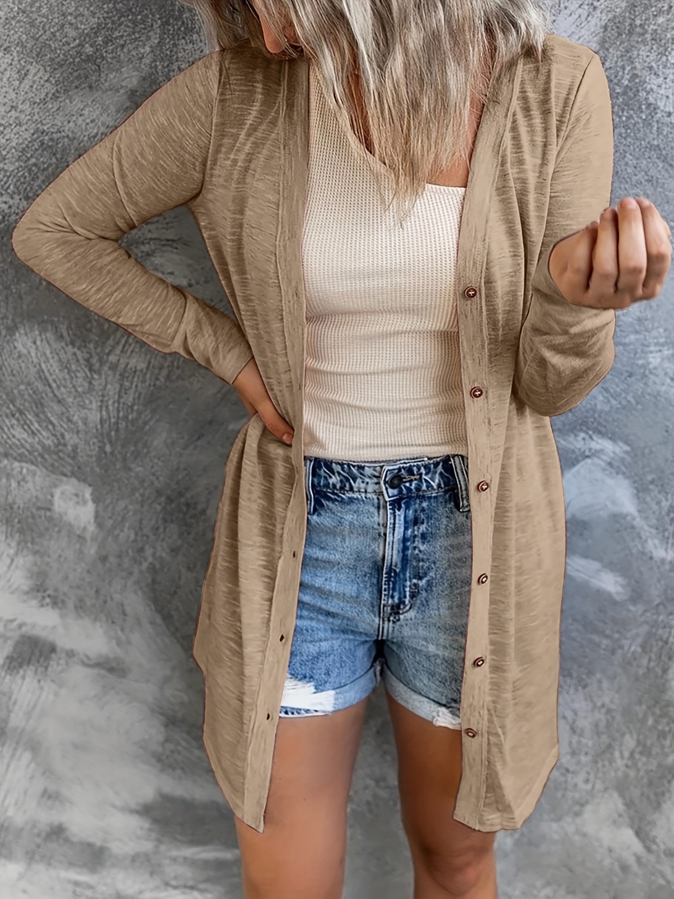 Solid Open Front Button Top Casual Long Sleeve Cardigan - Temu