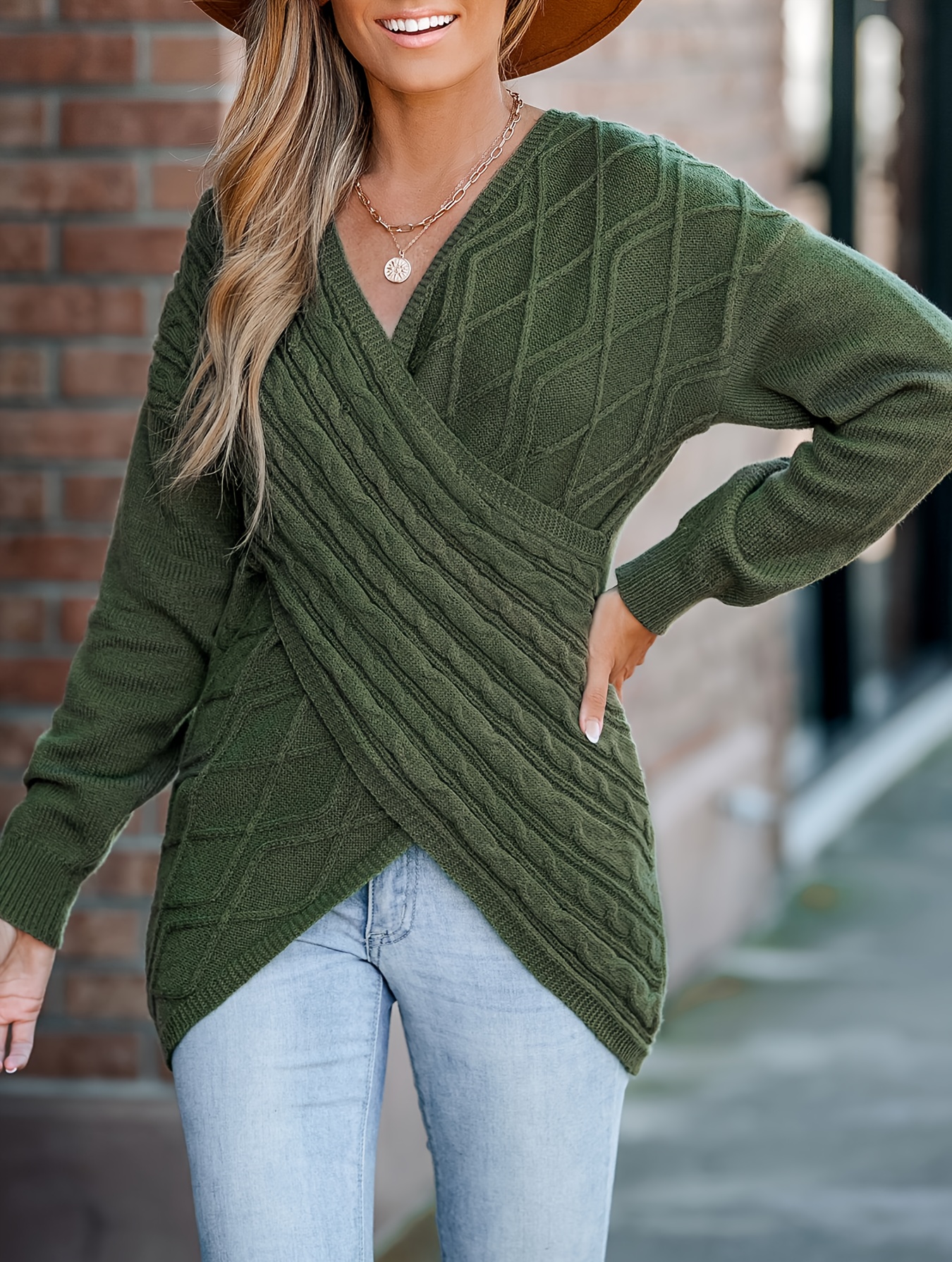 Solid Surplice Neck Cross Front Sweater, Boho Long Sleeve Drop Shoulder  Sweater, Women's Clothing