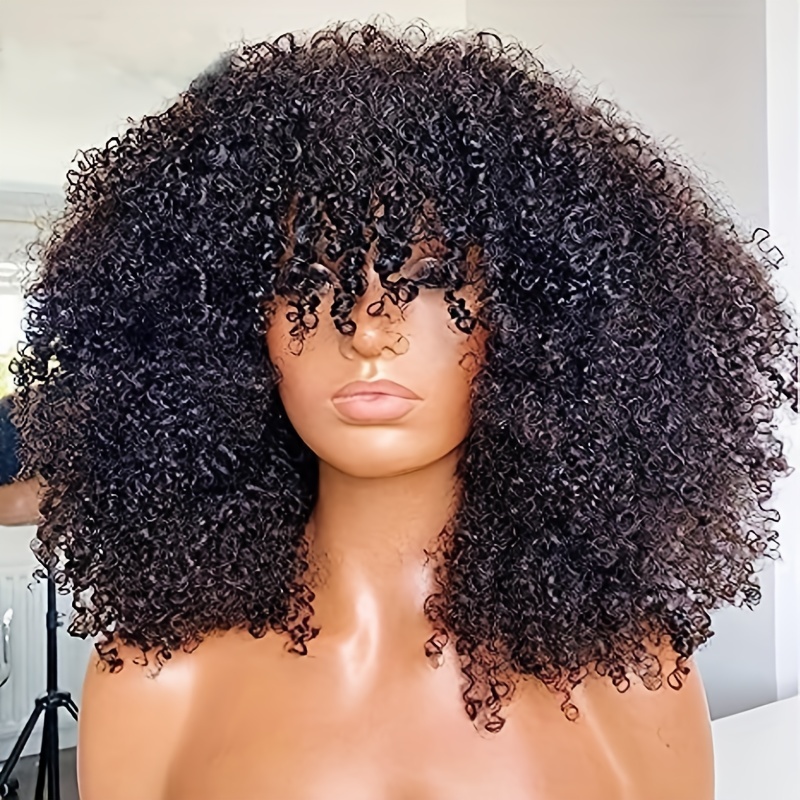 Kinky Curly Human Hair Wig, 250 Density with Bangs